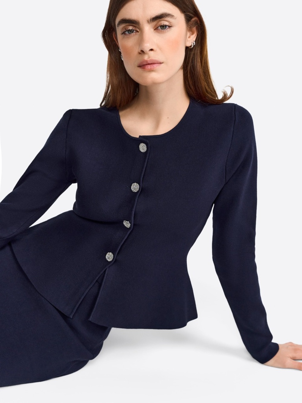 Zara Dark Navy Knit Buttoned Peplum Jacket